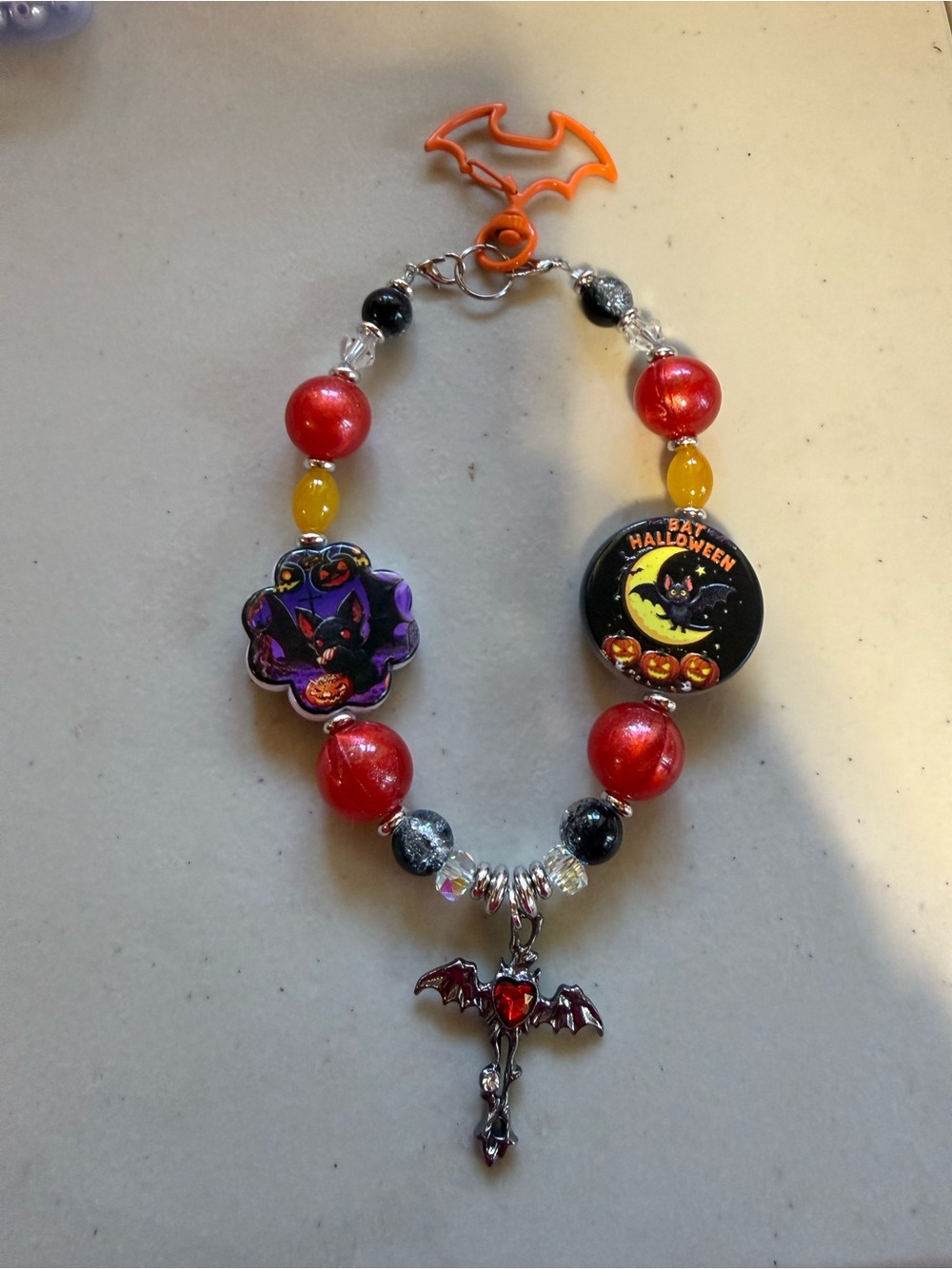 Halloween Bat Charm Beaded Keychain - Red, Black, Yellow